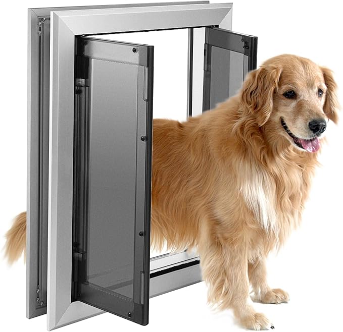 SmarketBuy Large Dog Door, Weatherproof Aluminum Dog Door with Automatic Closing Double Panels Easy to Install Pet Door for Large Dogs and Cats, Closing Panel Included