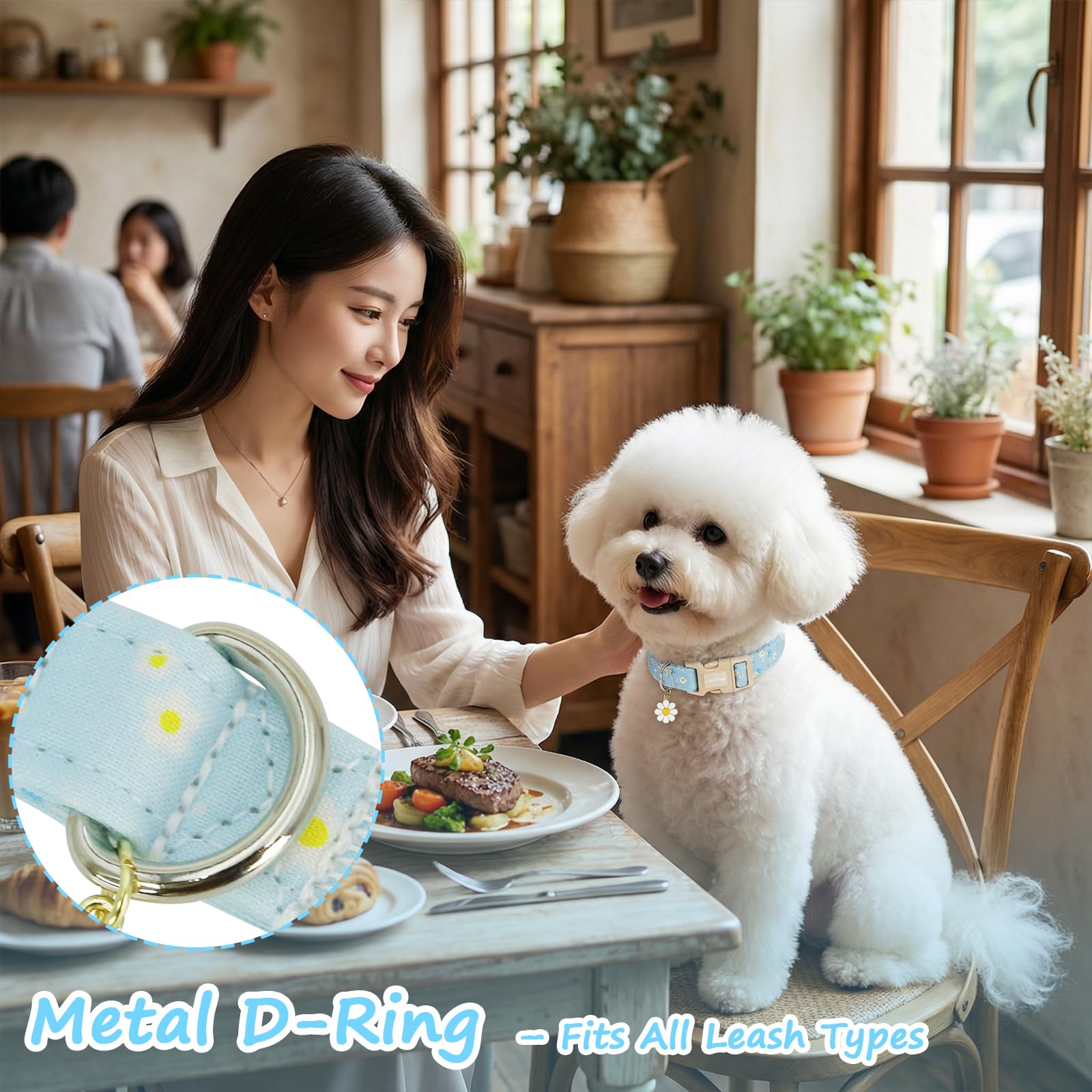 Astdogio Dog Collar for Small Medium Large Dogs, Spring Blue Dog Collars with White Flowers, Adjustable Cotton Dog Collars, Cute Girl or Boy Dog Collar Ideal for Gifts,Pet Accessory,L