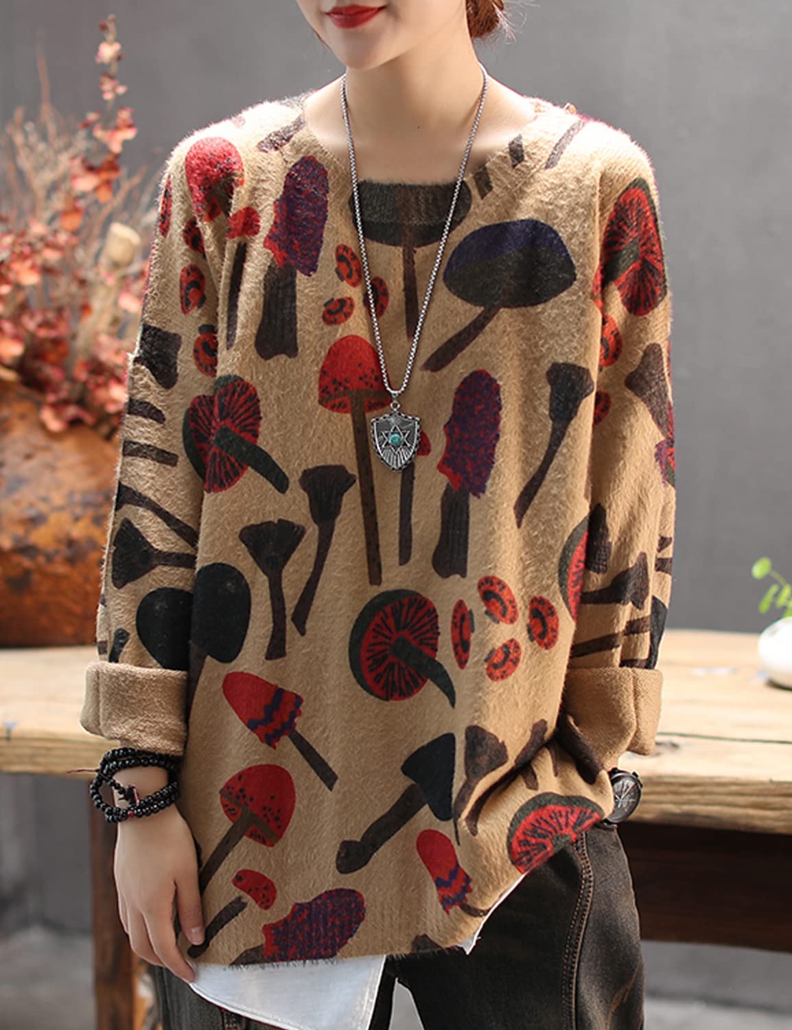 YESNO Women Sweater Graphic Oversized Pullover Sweaters Casual Loose Long Sleeve Knit Tops L S01 CR65