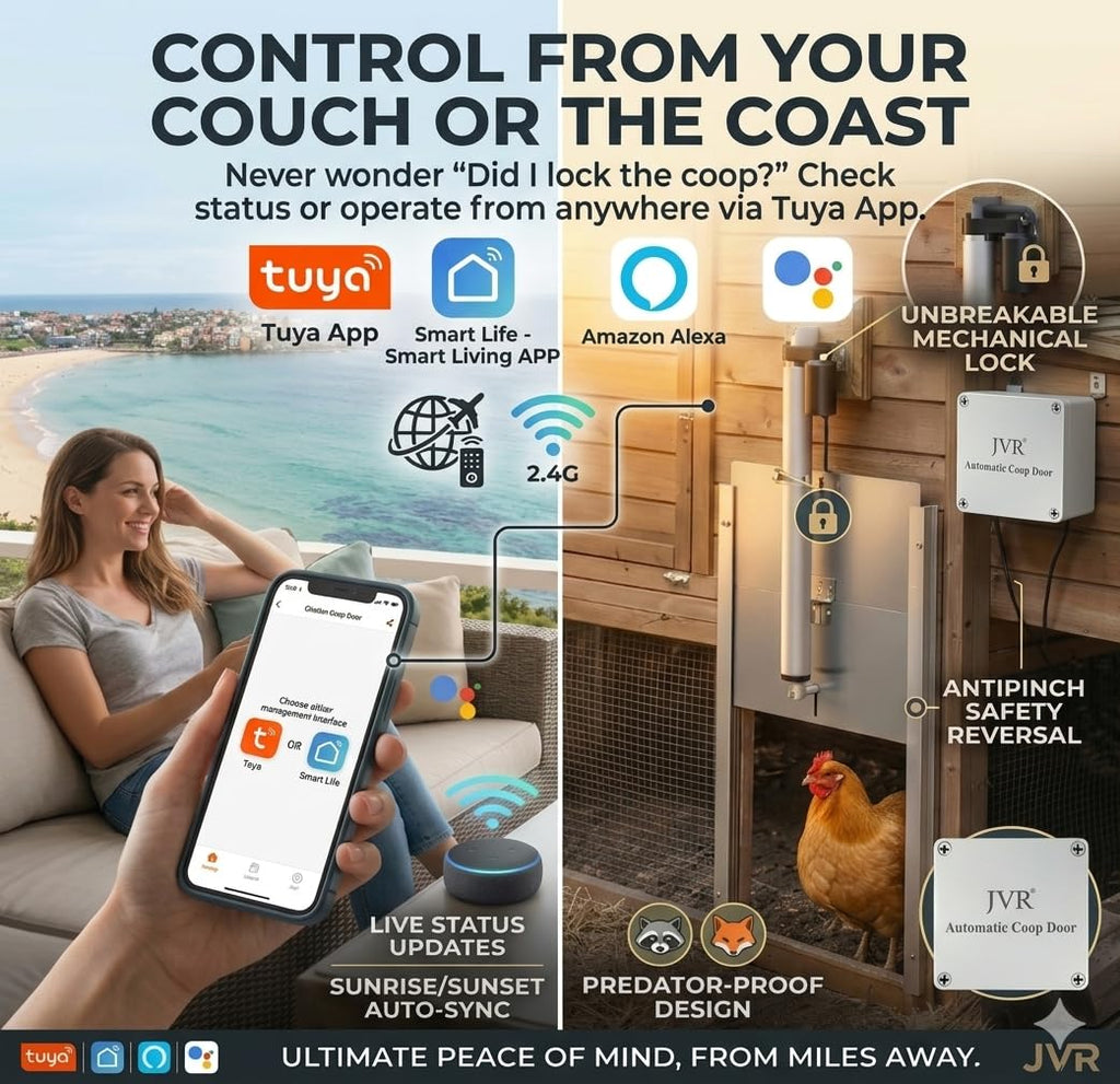 JVR WiFi Chicken Coop Door, App & Alexa Control, Sunrise/Sunset, Anti-Pinch