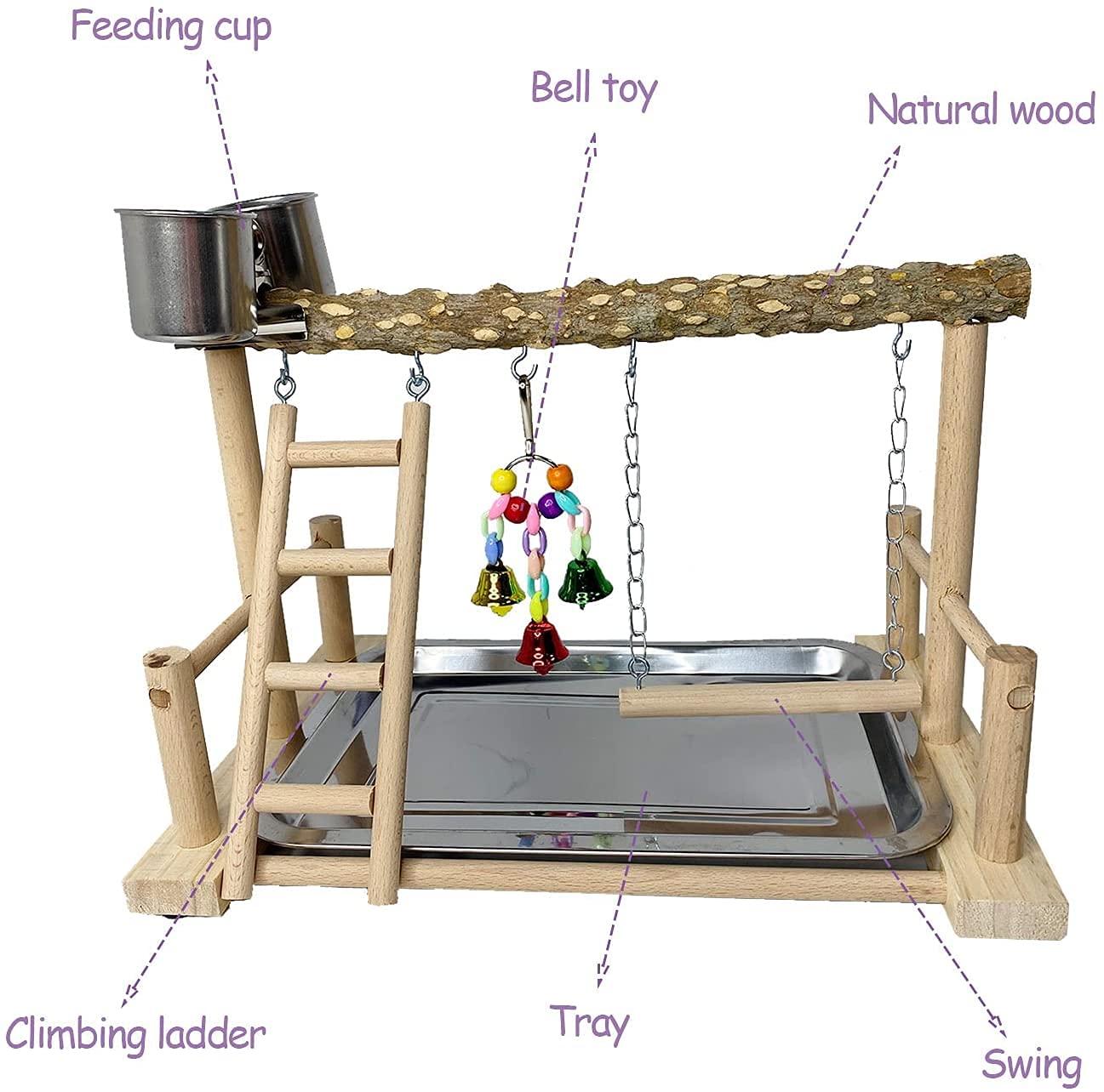 PINVNBY Bird Playground Birdcage Playstand Pet Bird Perch Platform Stand Parrot Play Gym Parakeet Cage Decor Budgie Perch Stand with Feeder Seed Cups Ladder Chew Toys for Small Animals Parrot Parakeet