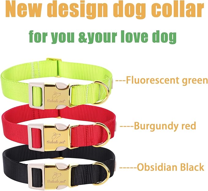 Babole Pet Nylon Dog Collar - Adjustable Fluorescent Green Soft Webbing Dog Collars for Small Medium Large Dogs Boy Girl Puppy Collar with Safety Metal Buckle L