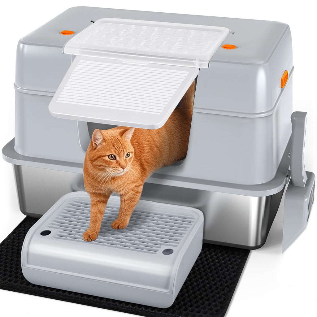 Vivifying Stainless Steel Litter Box with Lid, XL Side Entry Extra Large Litter Box for Big Cats & Kitty, Removable Enclosed Metal Cat Pan with High Sided Enclosure, Scoop, Mat, Footboard (Gray)