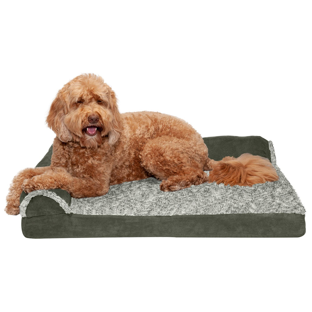 Furhaven Orthopedic Dog Bed for Large/Medium Dogs w/ Removable Bolsters & Washable Cover, For Dogs Up to 55 lbs - Two-Tone Plush Faux Fur & Suede L Shaped Chaise - Dark Sage, Large