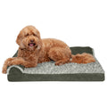 Furhaven Orthopedic Dog Bed for Large/Medium Dogs w/ Removable Bolsters & Washable Cover, For Dogs Up to 55 lbs - Two-Tone Plush Faux Fur & Suede L Shaped Chaise - Dark Sage, Large