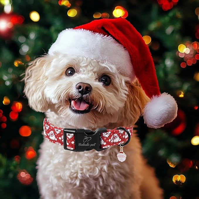 Babole Pet Christmas Dog Collar - Cute Red Santa Christmas Puppy Collar with Safety Buckle, Soft Adjustable Holiday Dog Collars for Small Medium Large Dogs XS