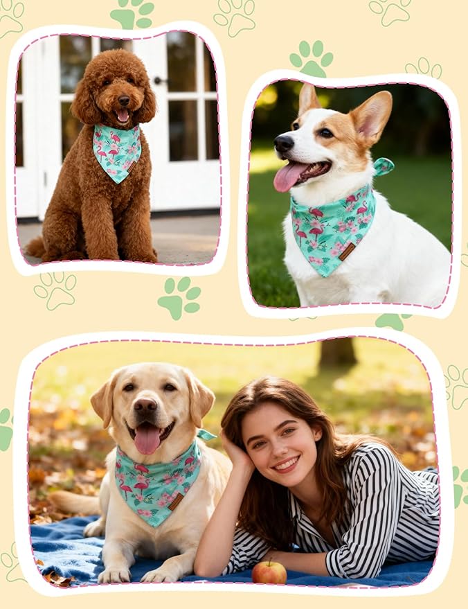 Luxury Double-Layer Dog Birthday Bandana – Handmade, Silk-Soft Polyester for All Dog Sizes | Birthday & Party Outfit | Gift-Ready Pet Accessory(Blue Flamingo, Large)