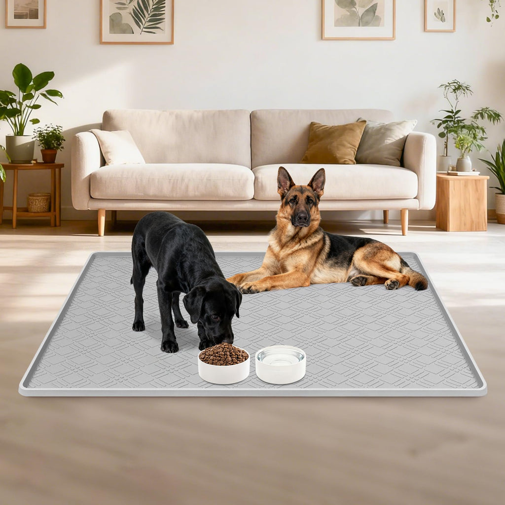Lanstics Dog Food Mat 42" x29" Silicone Mat with Raised Edge Light Gray