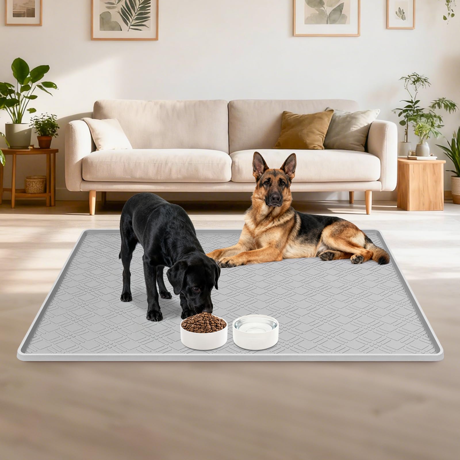 Lanstics Dog Food Mat 42" x29" Silicone Mat with Raised Edge Light Gray