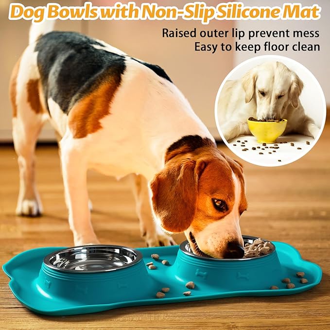 Hubulk Pet Dog Bowls 2 Stainless Steel Dog Bowl with No Spill Non-Skid Silicone Mat + Pet Food Scoop Water and Food Feeder Bowls for Feeding Small Medium Large Dogs Cats Puppies (Large, Green)