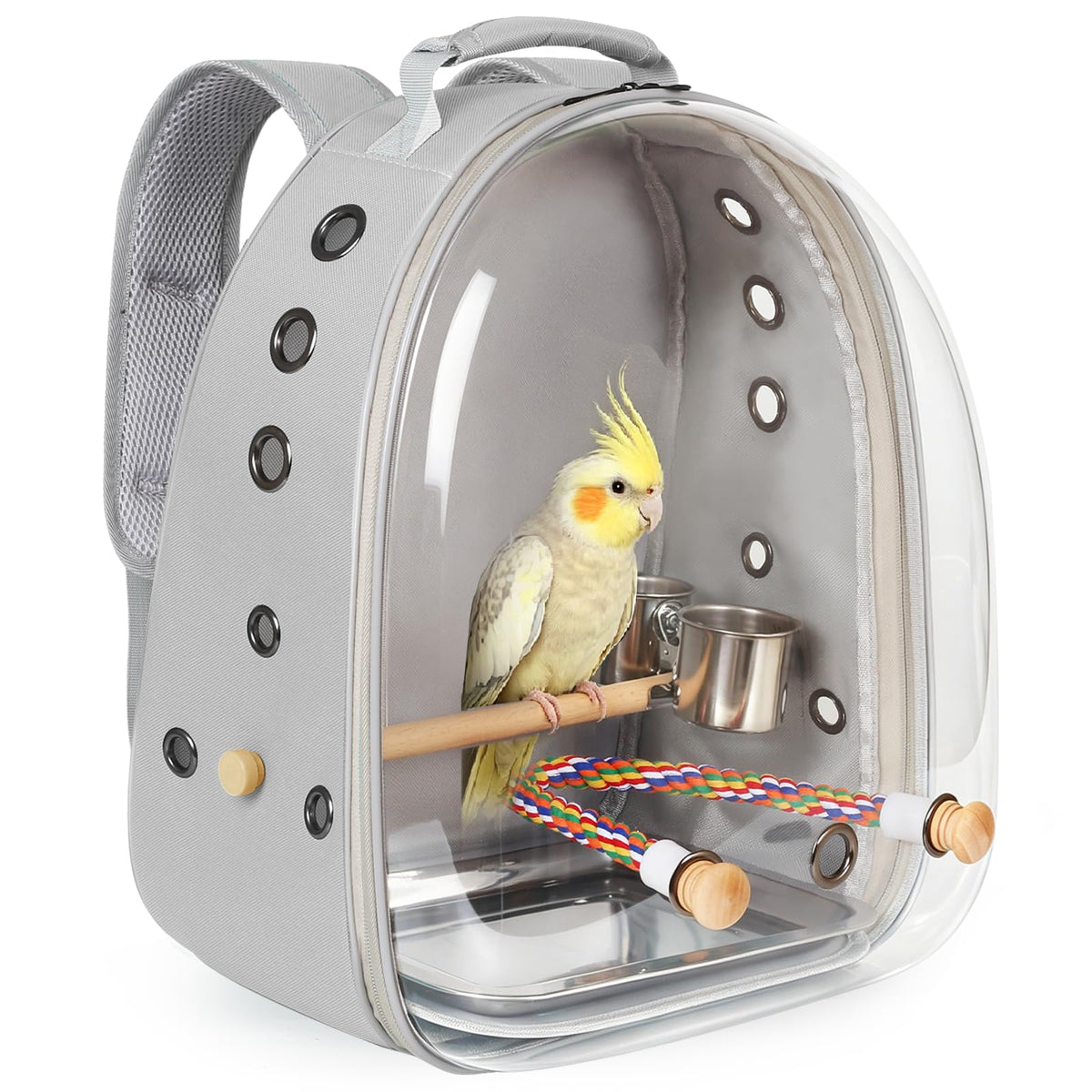 Bird Traval Carrier Cage, Clear Space Capsule Astronaut Backpack to Carry Parakeet Cockatiel Parrot with Metal Tray Wood Perch Bird Feeder, Vet Transport School Bag