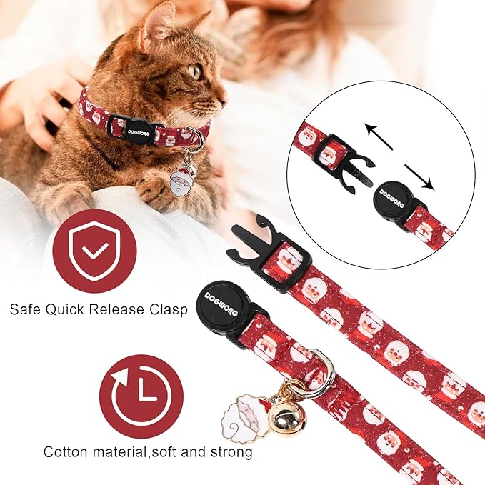 2 Pack Christmas Cat Collars Breakaway with Bell, DOGWONG Safety Buckle Santa Claus Christmas Tree Cute Cat Collar for Girl Boy Cats，Adjustable 7-12 Inch