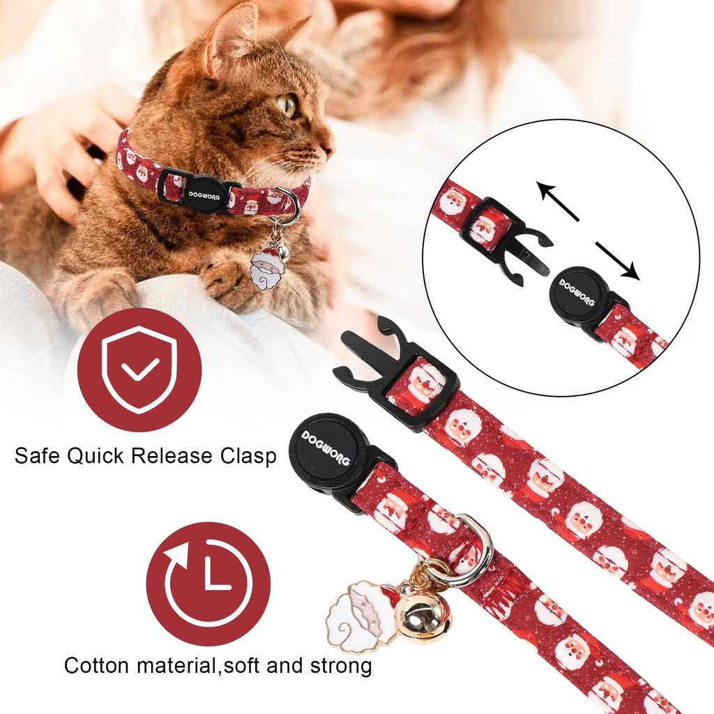 2 Pack Christmas Cat Collars Breakaway with Bell, DOGWONG Safety Buckle Santa Claus Christmas Tree Cute Cat Collar for Girl Boy Cats，Adjustable 7-12 Inch