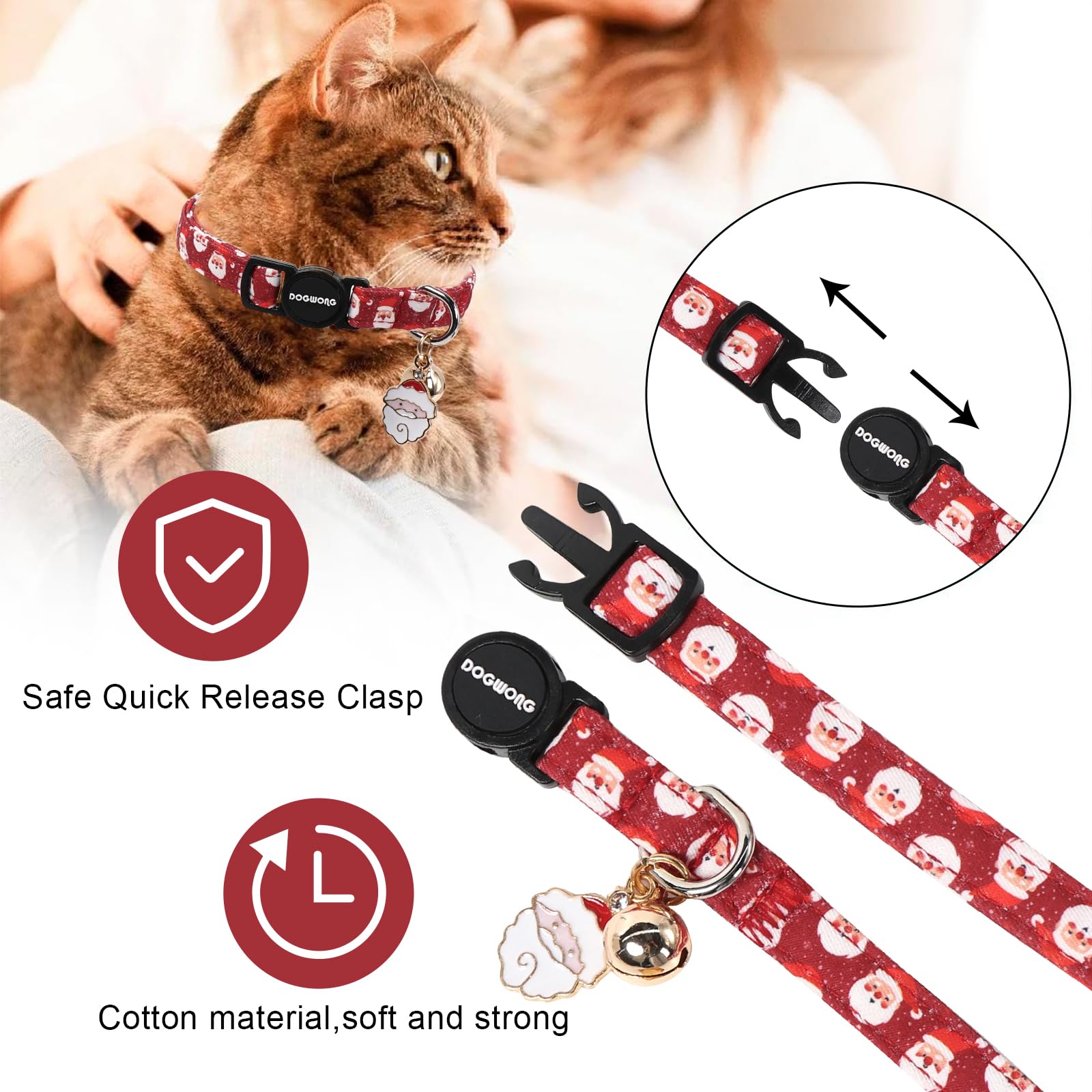 2 Pack Christmas Cat Collars Breakaway with Bell, DOGWONG Safety Buckle Santa Claus Christmas Tree Cute Cat Collar for Girl Boy Cats，Adjustable 7-12 Inch