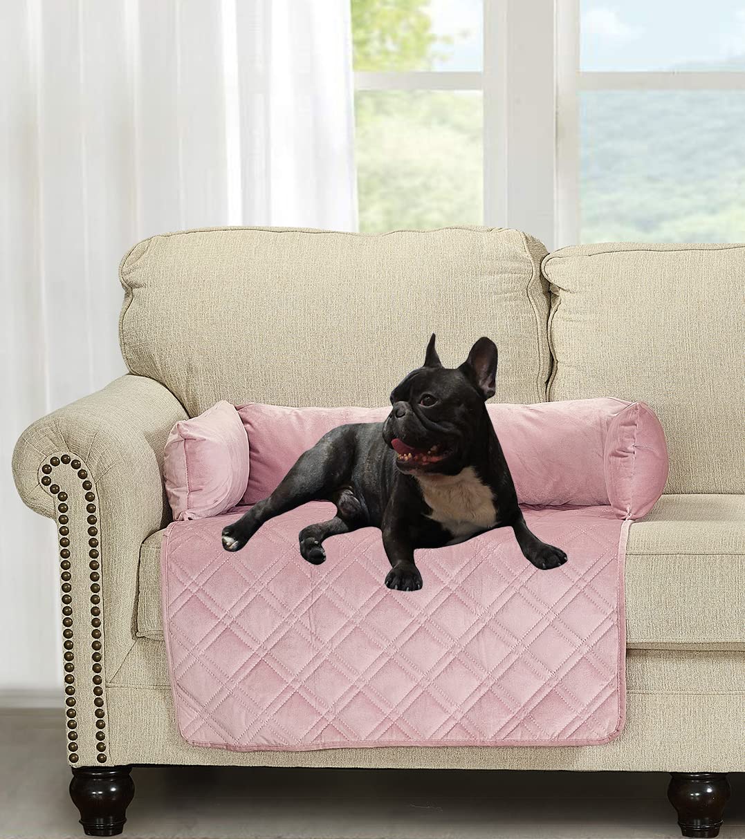 Brilliant Sunshine Latte Grey Paris & Toile Dog Sofa Slipcover, Small