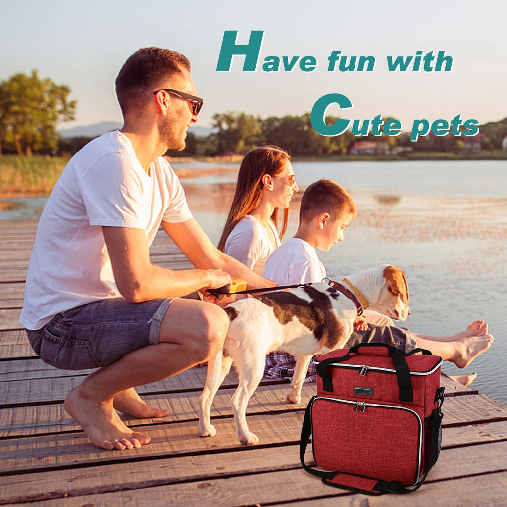 BAGLHER Dog Travel Bag, Pet Travel Bag (ALL Pet Travel Supplies), With 2 Pet Food Containers and 2 Collapsible Silicone Bowls; Essential Kits for Travel Red