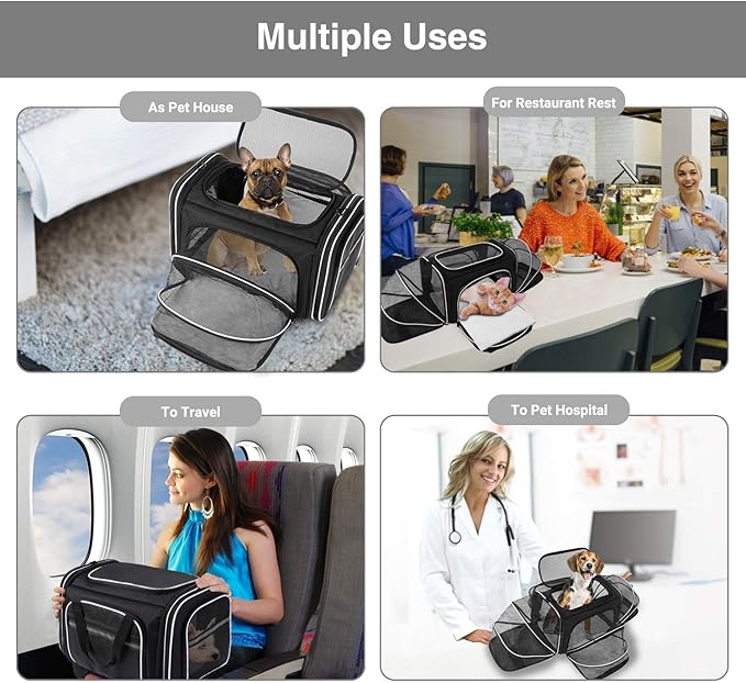 MASKEYON TSA Airline Approved Large Pet Travel Carrier,4 Sides Expandable with 2 Mesh Pockets,3 Entry, Soft Sided Collapsible Dog Carrier for 2 Cats,Kittens,Puppies,Dog, X-Large, Black & White