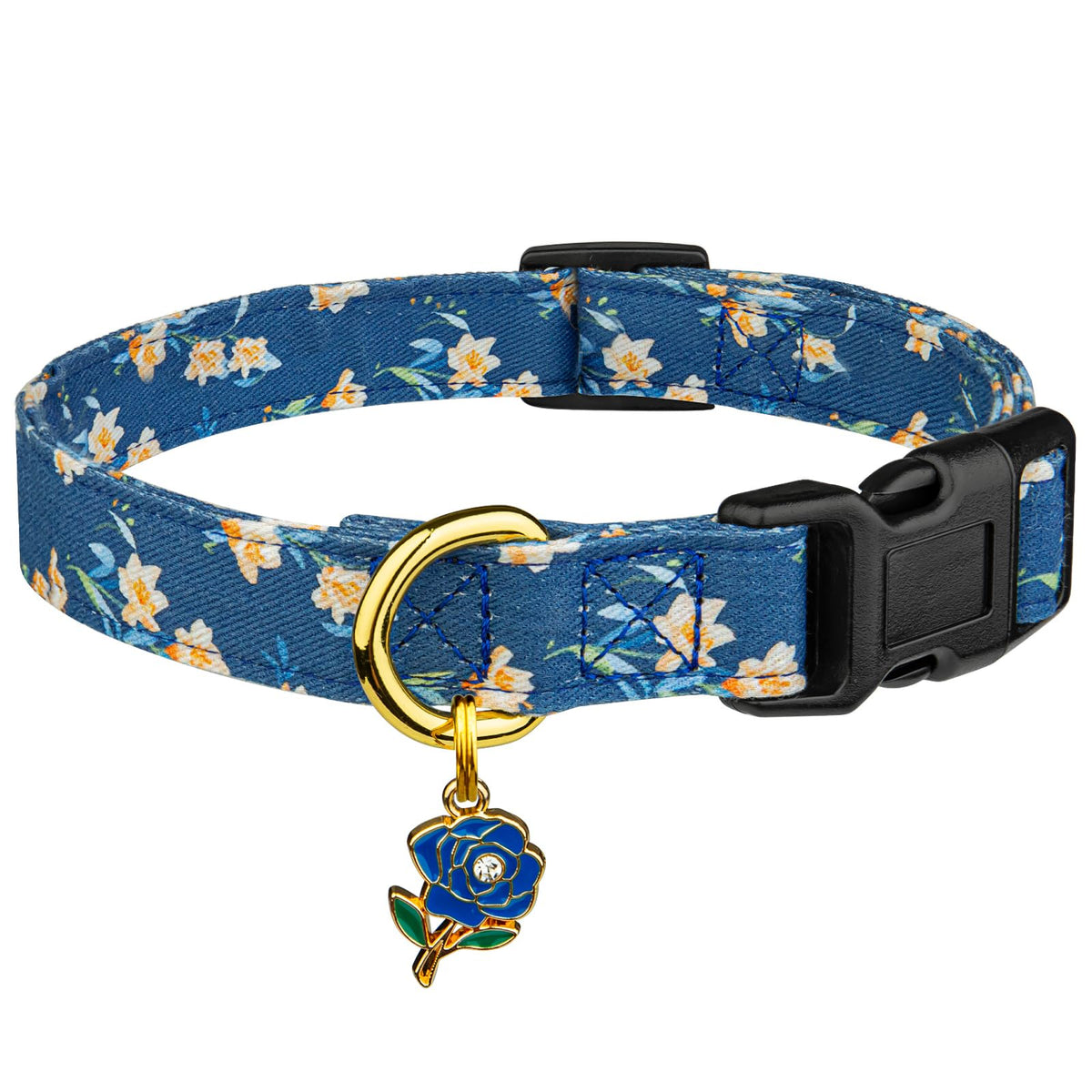 Cotton Dog Collar Pink Flower with Pendant Cute Dog Collar S