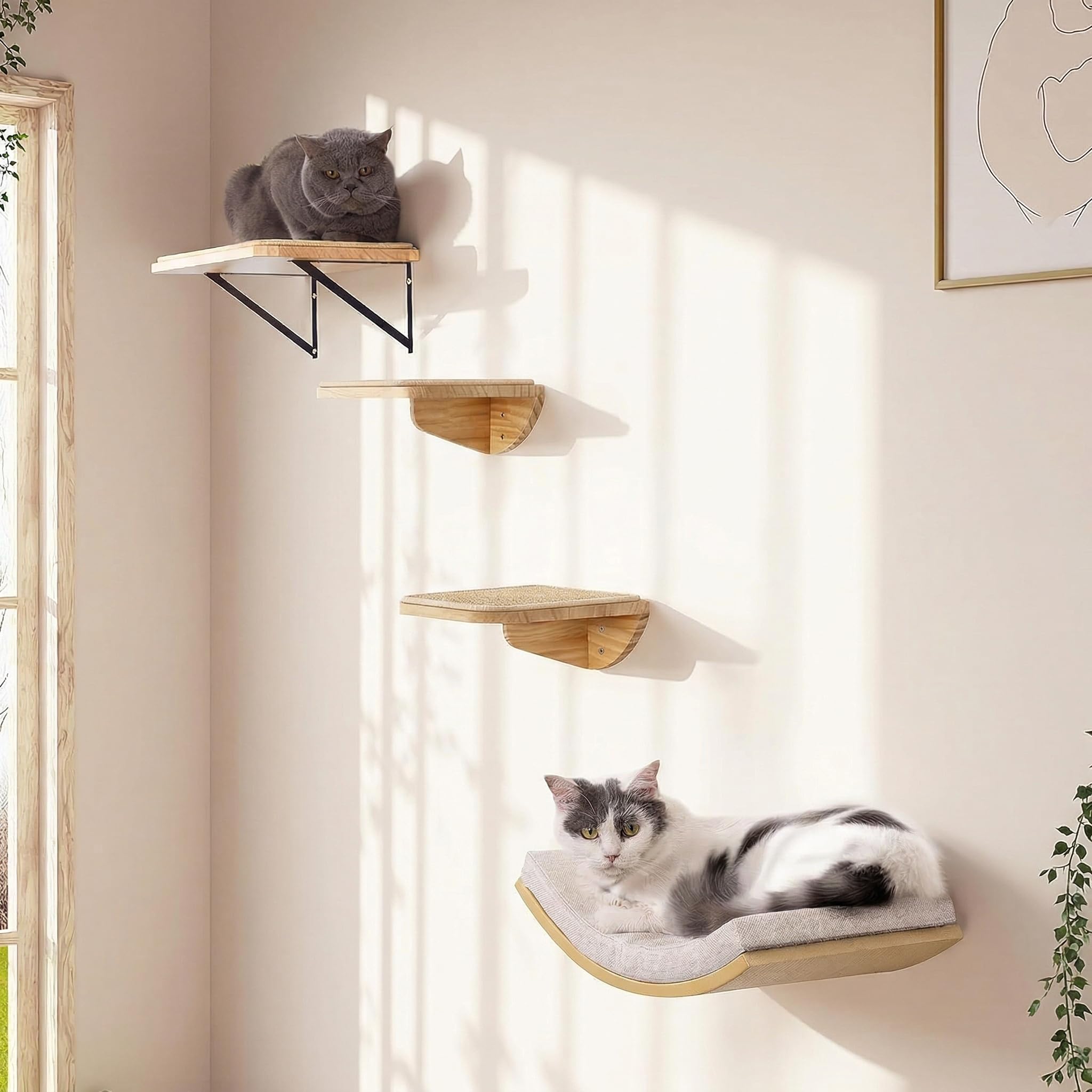 4-PCS Cat Wall Shelves with Foam-Padded Bed & Sisal Steps for Indoor Cats