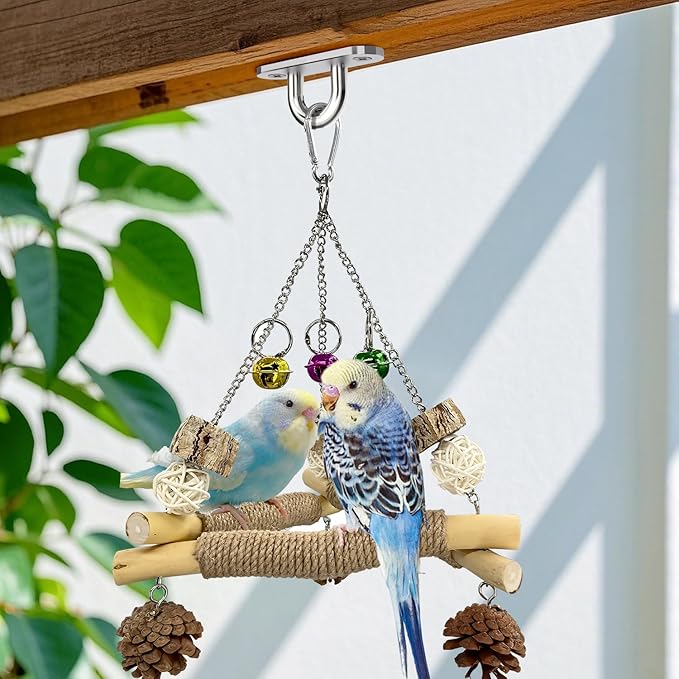 Bird Swing with 3 Bells & Natural Chew Toys – Triangular Perch Stand with Sisal Rope for Parakeets, Cockatiels, Lovebirds, Conures, Parrot – Stable Balance Trainer & Beak Care
