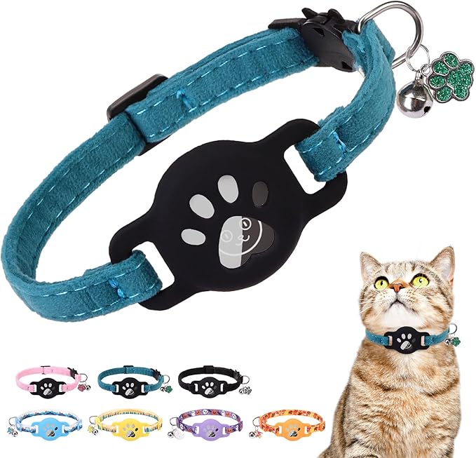 DILLYBUD Airtag Cat Collar Breakaway, Reflective Kitten Collar with Bell and Apple Air Tag Holder, GPS Cute Cat Collar, Glow in The Dark Pet Collars for Boy Girl Cats, Kittens, Puppies