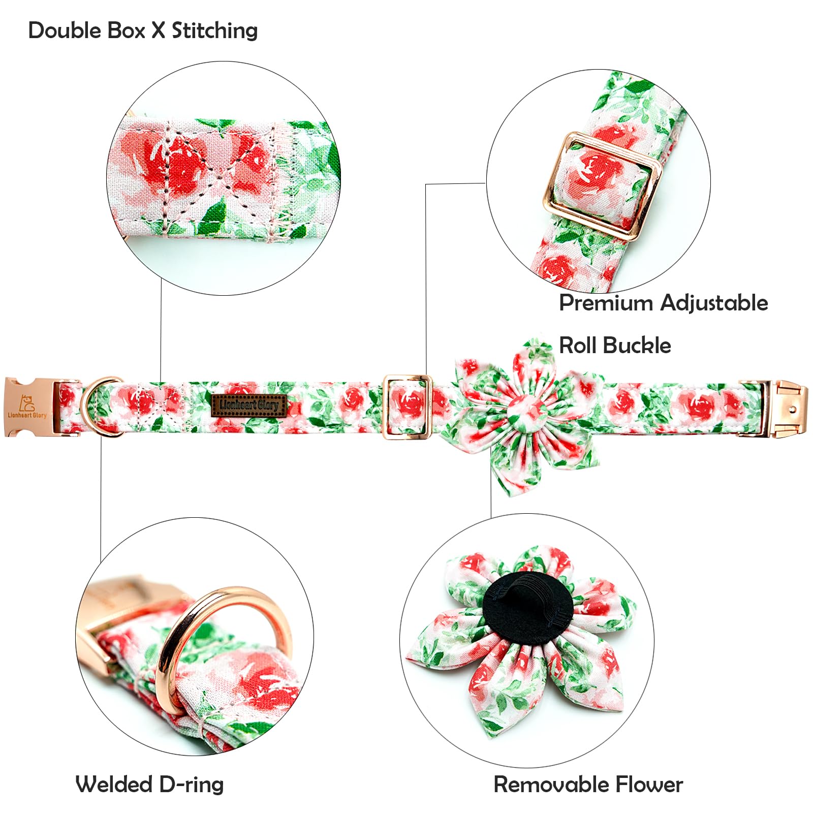 Lionheart glory Dog Collar Flowers Collar Floral Dog Collar with Flower Spring Summer Cute Collar Dog Boy or Girl Dog Collars Soft Durable Adjustable Dog Collars for Small Dogs, Red Roses