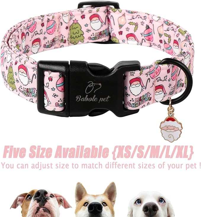Babole Pet Christmas Dog Collar for Large Dogs - Cute Santa Print Pink Christmas Collars for Dogs, Soft Adjustable Winter Holiday Dog Collars with Quick Release Buckle L