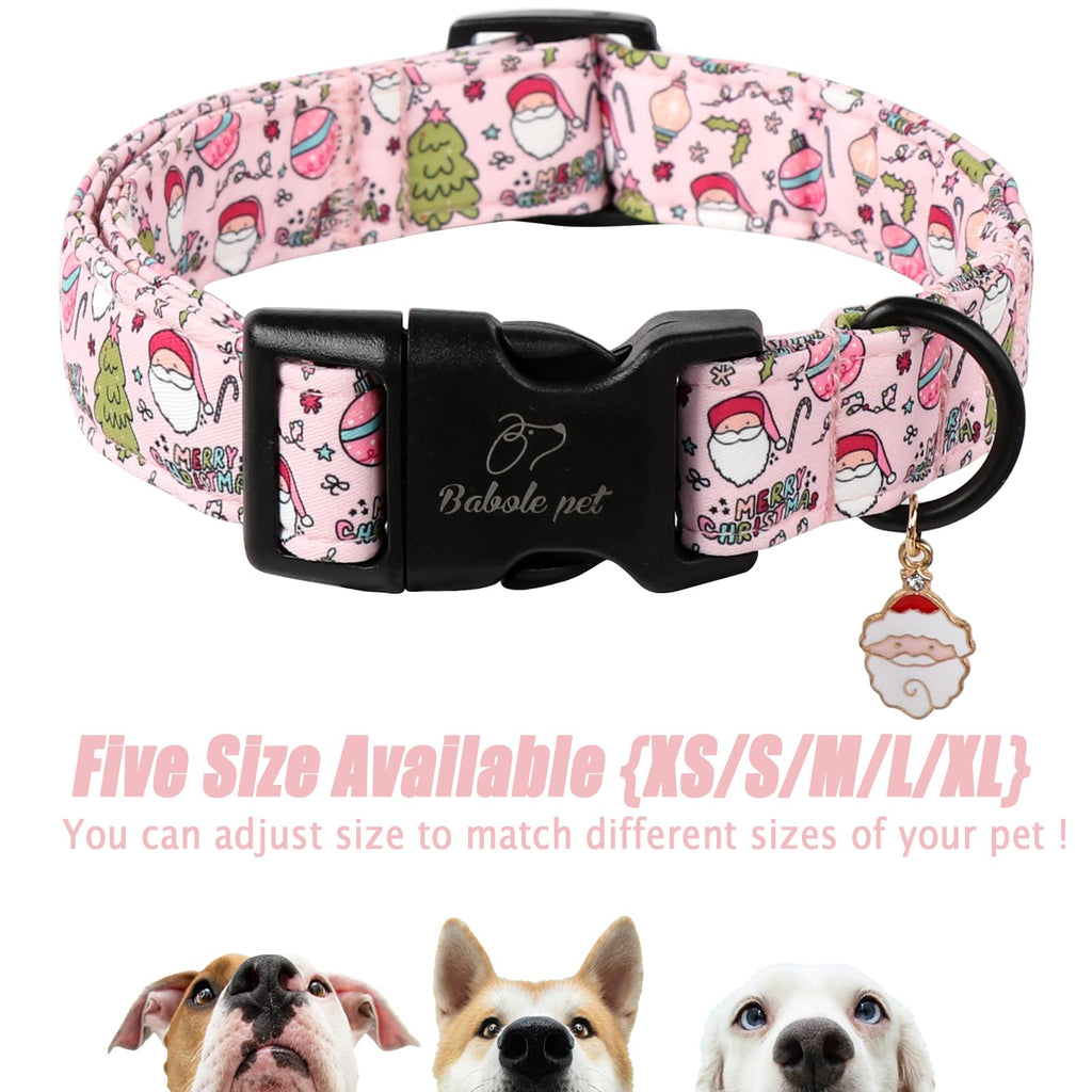Babole Pet Christmas Dog Collar for Medium Dogs - Cute Santa Print Pink Christmas Collars for Dogs, Soft Adjustable Winter Holiday Dog Collars with Quick Release Buckle M
