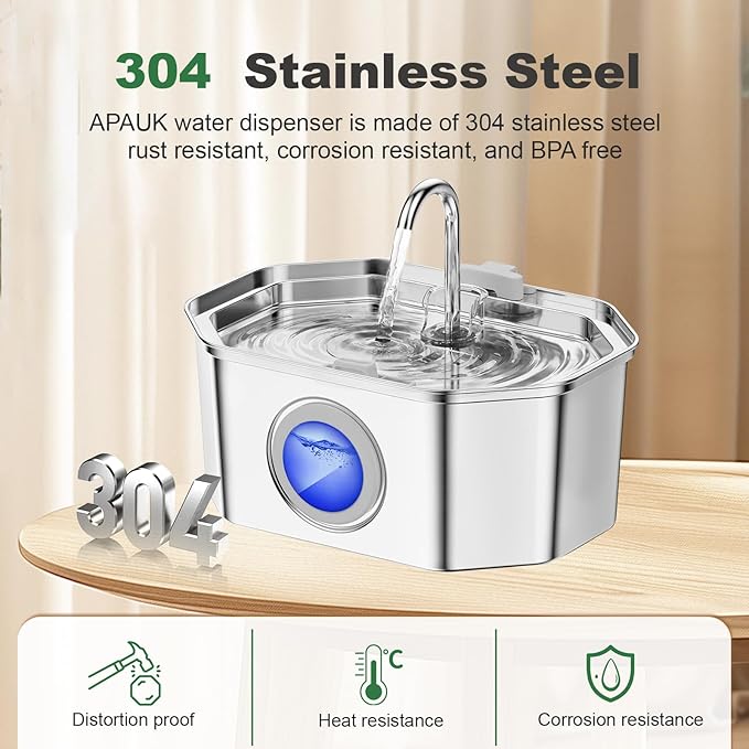 Cat Water Fountain, Apauk 108oz/3.2L Silent cat Water Fountain Stainless Steel, Cat Fountain, Automatic Pet Water Fountain,Dog Bowl, Controllable Blue Light - (2 Filters& 2 Sponges)