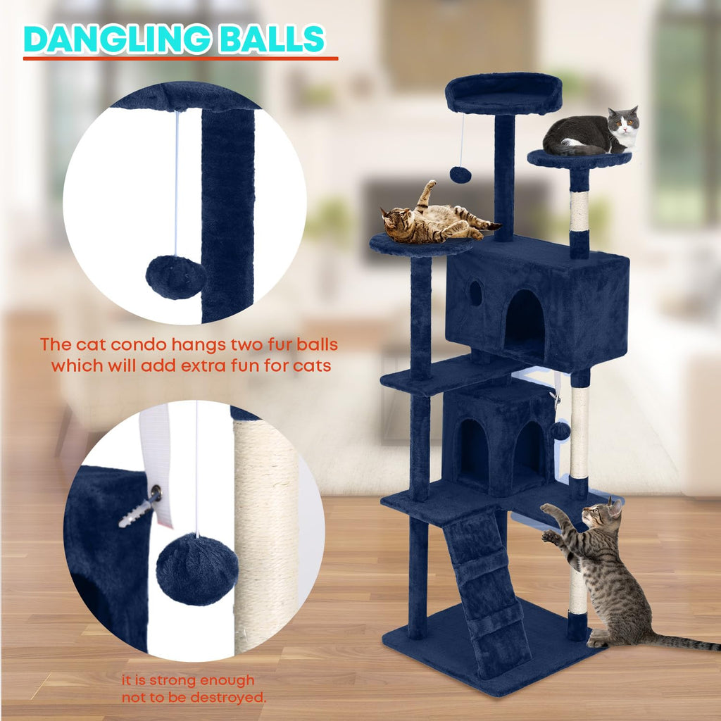 FDW | 70" Cat Tree Tower | Navy Blue | Multi-Level Indoor Activity Center with Sisal Scratching Posts, Condos, Plush Perches, Hanging Cat Toys | Sturdy, Easy to Assemble | for Kittens & Adult Cats