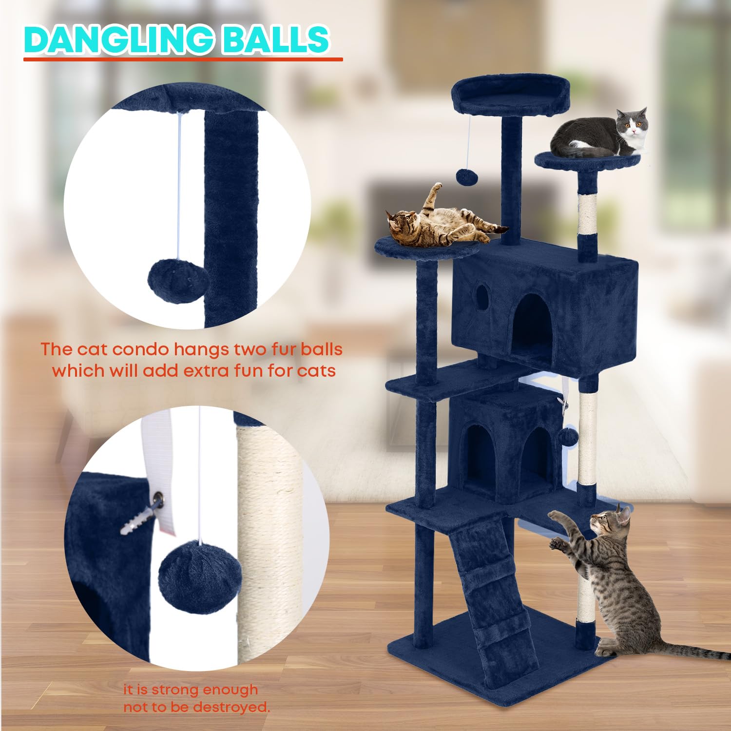 FDW | 70" Cat Tree Tower | Navy Blue | Multi-Level Indoor Activity Center with Sisal Scratching Posts, Condos, Plush Perches, Hanging Cat Toys | Sturdy, Easy to Assemble | for Kittens & Adult Cats