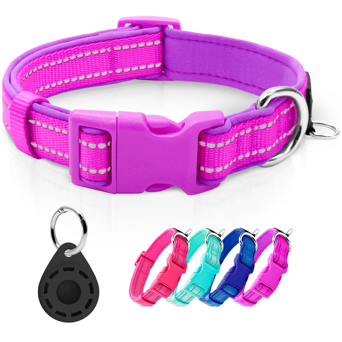 azuza Reflective Dog Collar, Neoprene Padded Puppy Collar, Hot Pink, XS