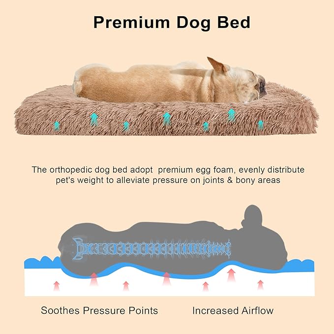 Fluffy Orthopedic Dog Beds for Puppy/Cats with Washable Removable Cover Dog Crate Bed Egg Crate Foam Support Plush Pet Pad Mat with Anti-Slip Bottom (24 * 16,Khaki)