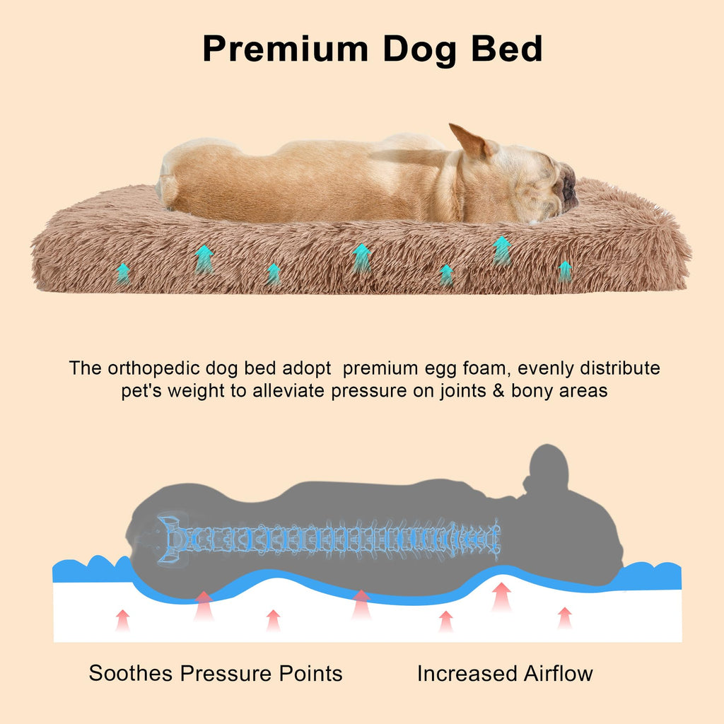 Fluffy Orthopedic Dog Beds for Large Dogs with Washable Removable Cover Dog Crate Bed Egg Crate Foam Support Plush Pet Pad Mat with Anti-Slip Bottom (42 * 28,Khaki)