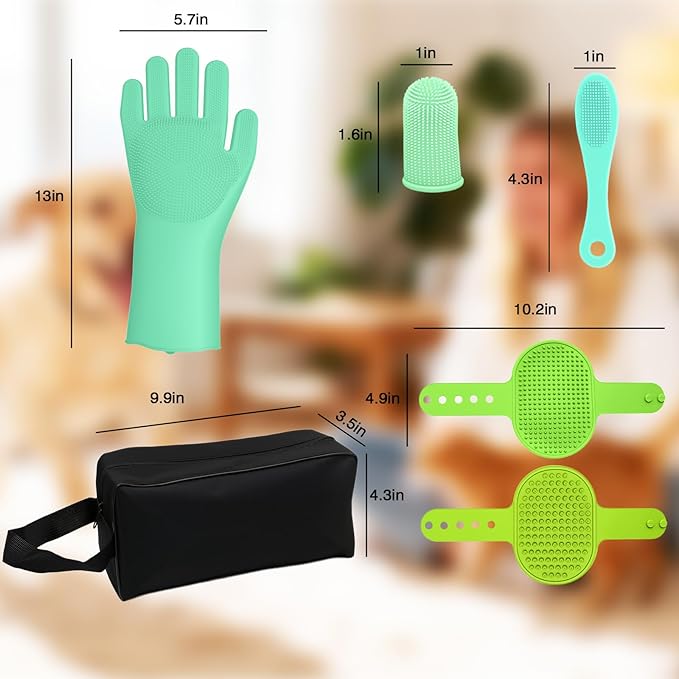 MIYIJHY 7PCS Dog Washing Gloves | Dog Bath Brush | Storage Bag | Dog Finger Toothbrush for Short & Long Haired Dogs & Cats | Efficient Deshedding Bathing & Massaging, Suitable for Pets (Sage Green)
