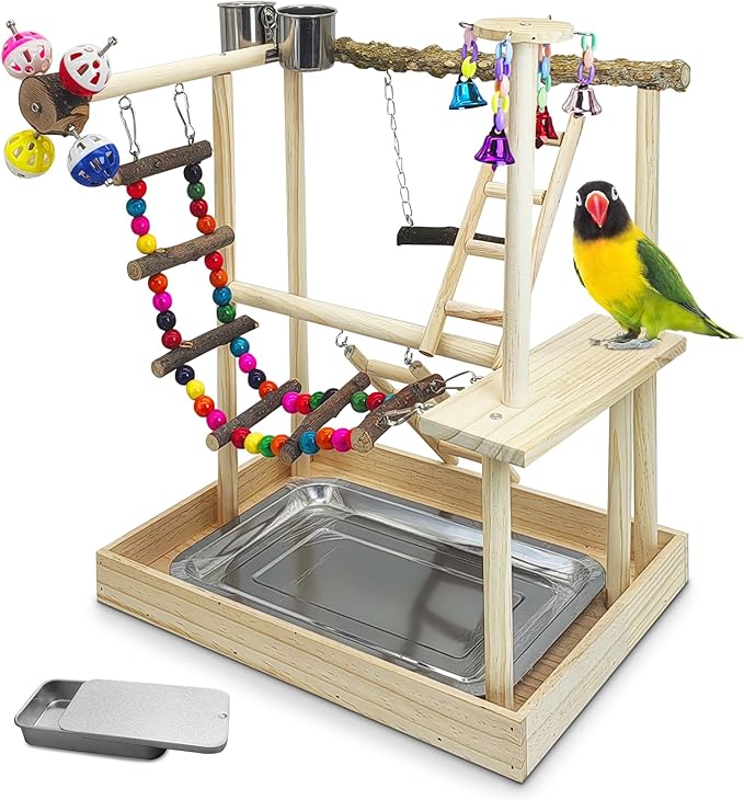 PINVNBY Bird Playground Parrot Playstand Play Gym Cockatiel Wood Bird Toys Birds Cage Accessories Playpen Ladder with Feeder Cups Hanging Swing Toys for Parakeet Conure Lovebird Cockatiel