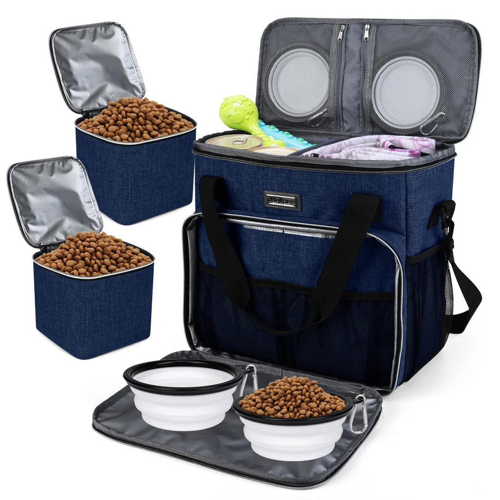 BAGLHER Dog Travel Bag, Pet Travel Bag (ALL Pet Travel Supplies), With 2 Pet Food Containers and 2 Collapsible Silicone Bowls; Essential Kits for Pet Travel Dark Blue