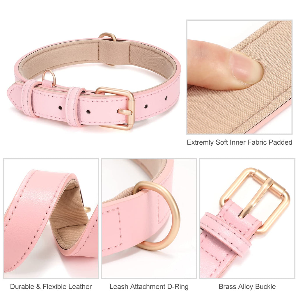 WHIPPY Leather Dog Collar for Small Medium Large Dog Adjustable Soft Breathable Leather Padded Puppy Collar with Alloy Buckle Heavy Duty Waterproof Classic Dog Pet Collar,Pink,M