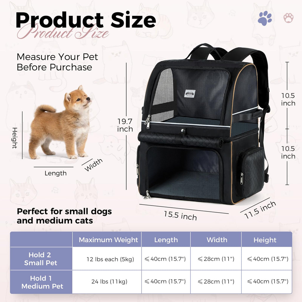 Lekebobor Double Cat Backpack Carrier for 2 Cats, Double-Compartment Pet Carrier Backpack for Two Small Cat or One Medium Cat, Cats Carrier Backpack Dog Carrier Backpack Fits Up to 24 Lbs,Black