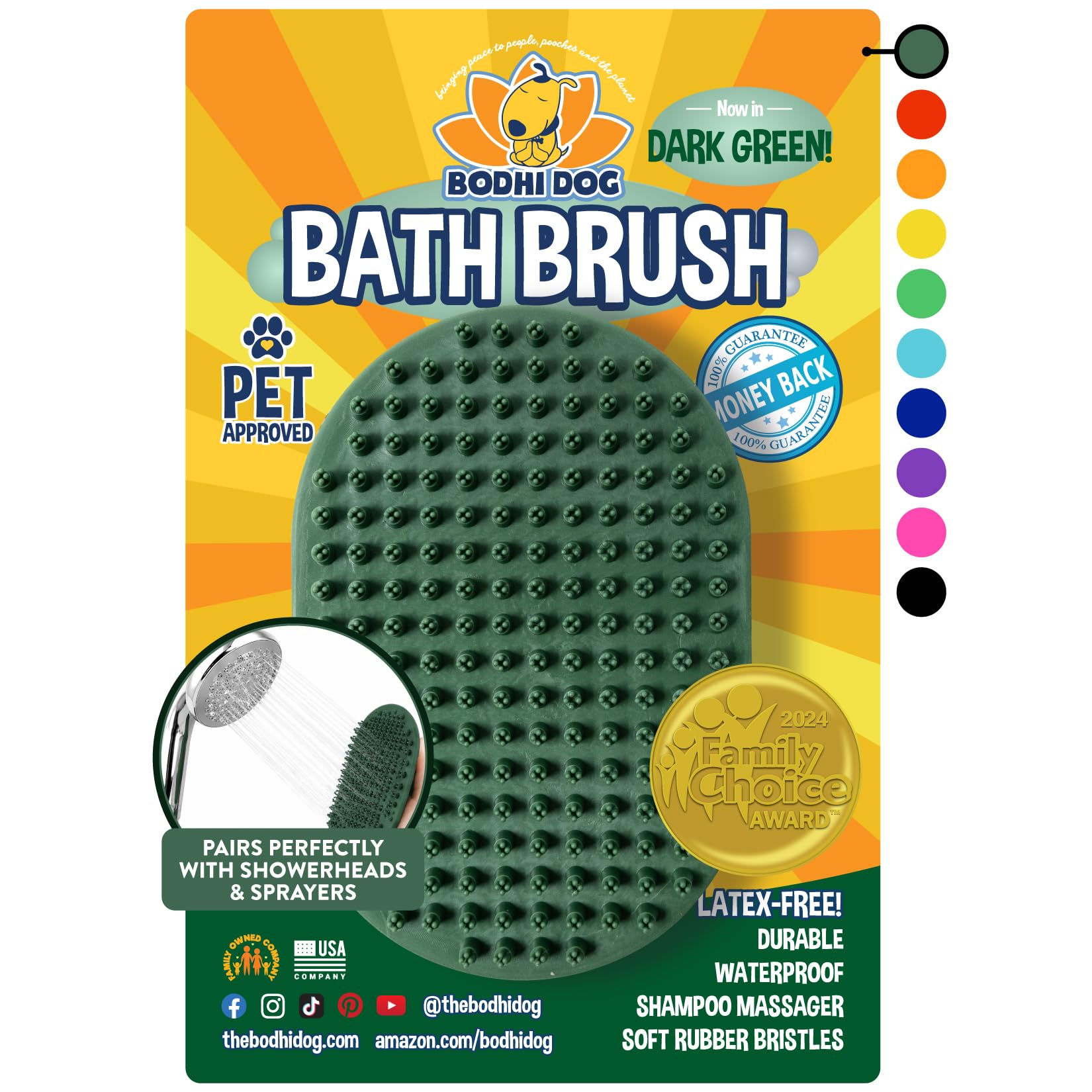 Bodhi Dog Shampoo Brush - Pet Grooming & Bath Supplies for Dogs and Cats - Bath Brush for Long & Short Hair - Premium Scrubber for Shower, Bathing & Massage (One Pack, Dark Green)