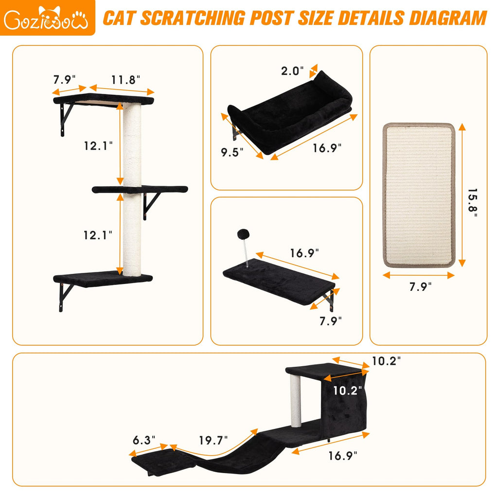 COZIWOW 5Pcs Wall Mount Cat Tree & Shelf Furniture for Large Cats, Black