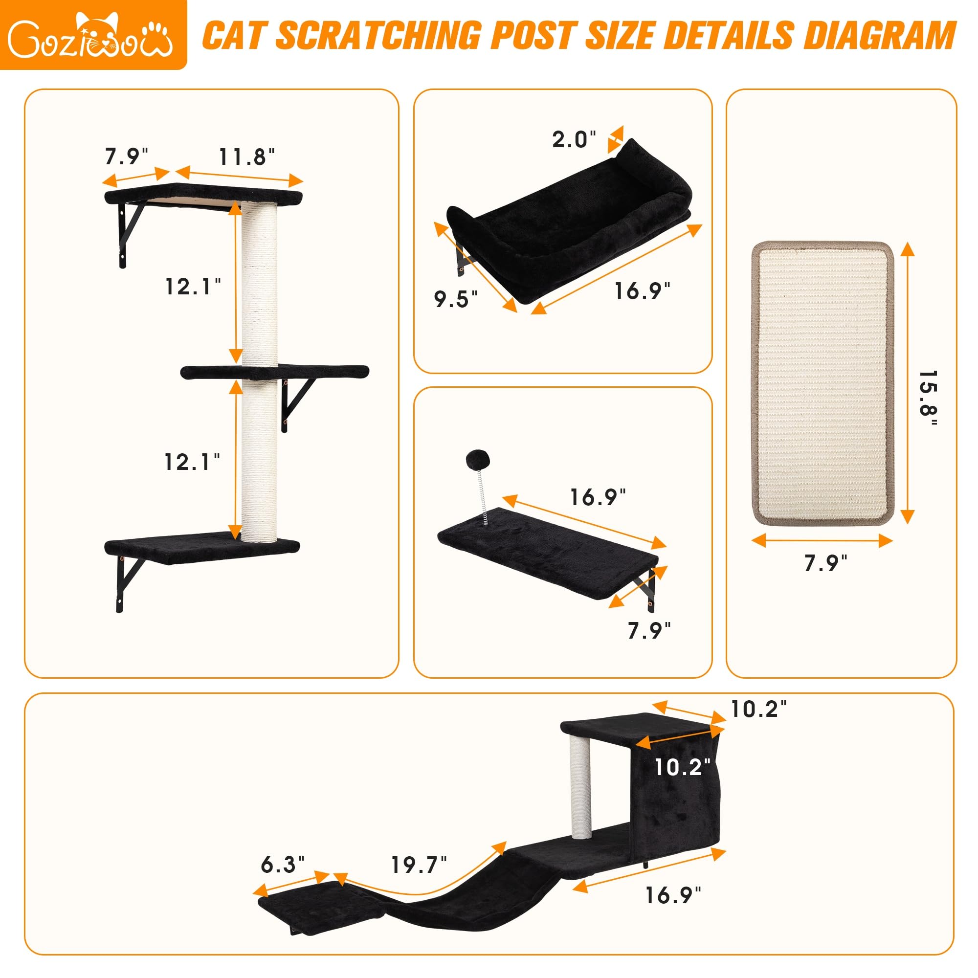 COZIWOW 5Pcs Wall Mount Cat Tree & Shelf Furniture for Large Cats, Black