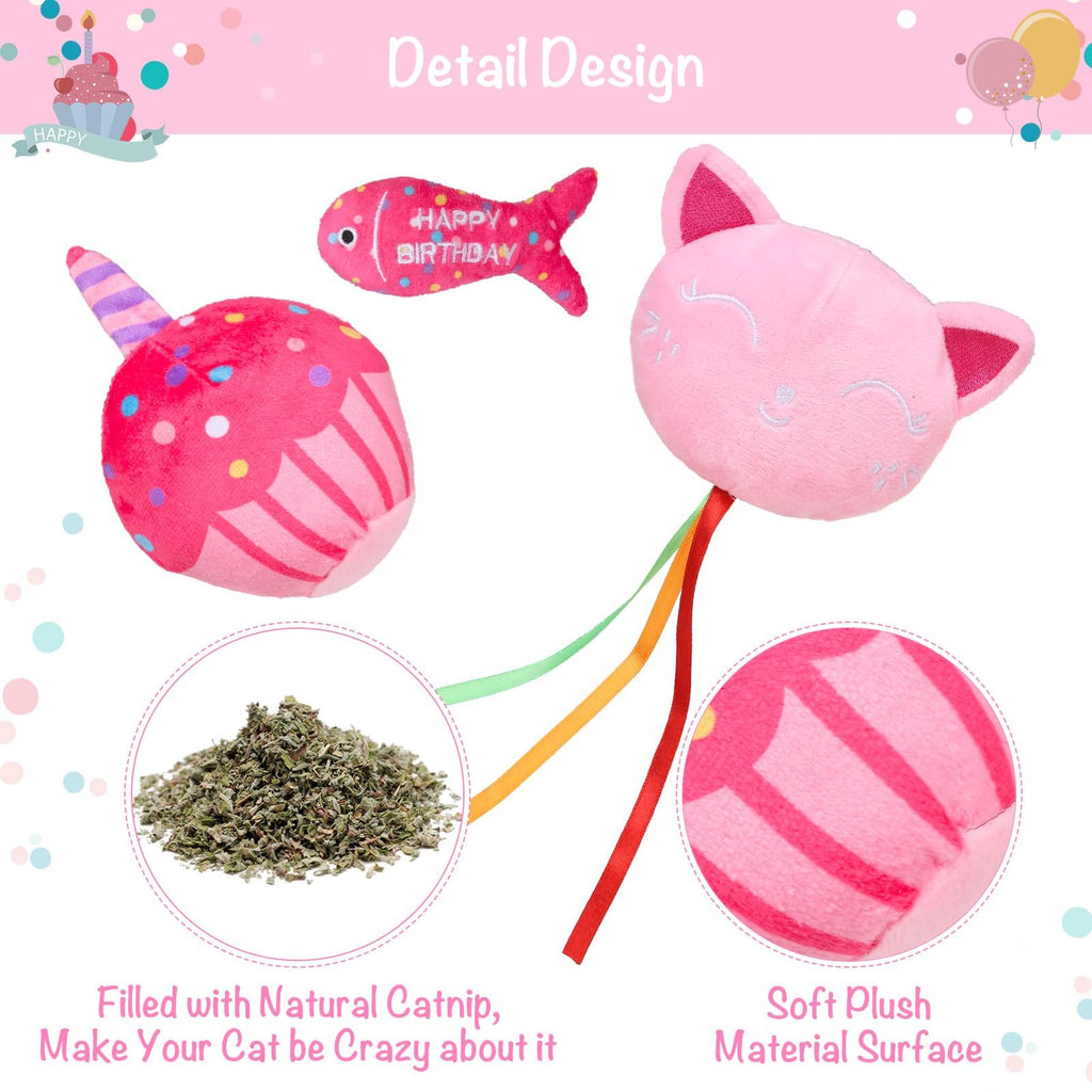 BINGPET Cat Birthday Catnip Toys for Indoor Cats, 5 Pcs Cat Birthday Gift Kitten Interactive Toys for Boy Girl Cats, Soft Plush Catmint Kitty Chew Kick Toy, Hat, Bandana, Balloon, Cake, Fish, Pink