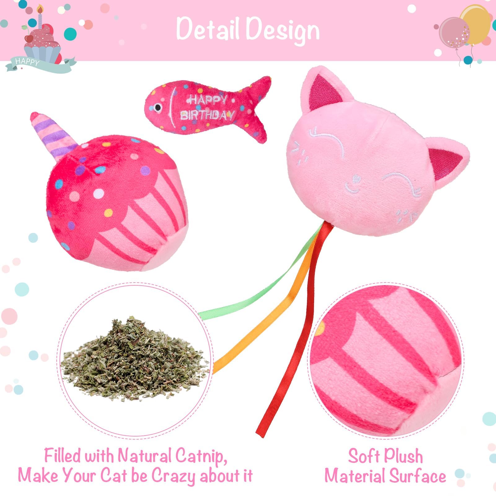 BINGPET Cat Birthday Catnip Toys for Indoor Cats, 5 Pcs Cat Birthday Gift Kitten Interactive Toys for Boy Girl Cats, Soft Plush Catmint Kitty Chew Kick Toy, Hat, Bandana, Balloon, Cake, Fish, Pink