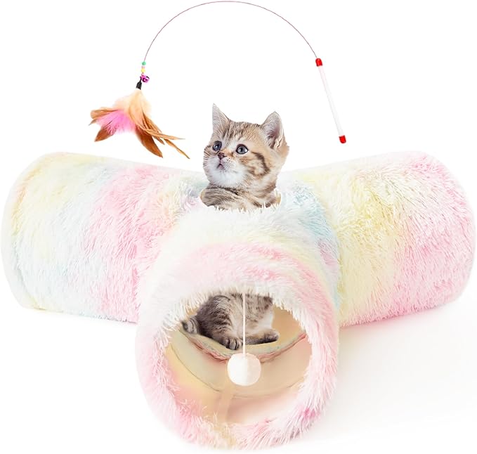 Tempcore Cat Tunnel for Indoor Cats, 3 Way Collapsible Pet Play Tunnel with Teaser Wand, Peek Holes & Hanging Ball, Interactive Tube for Kittens & Rabbits
