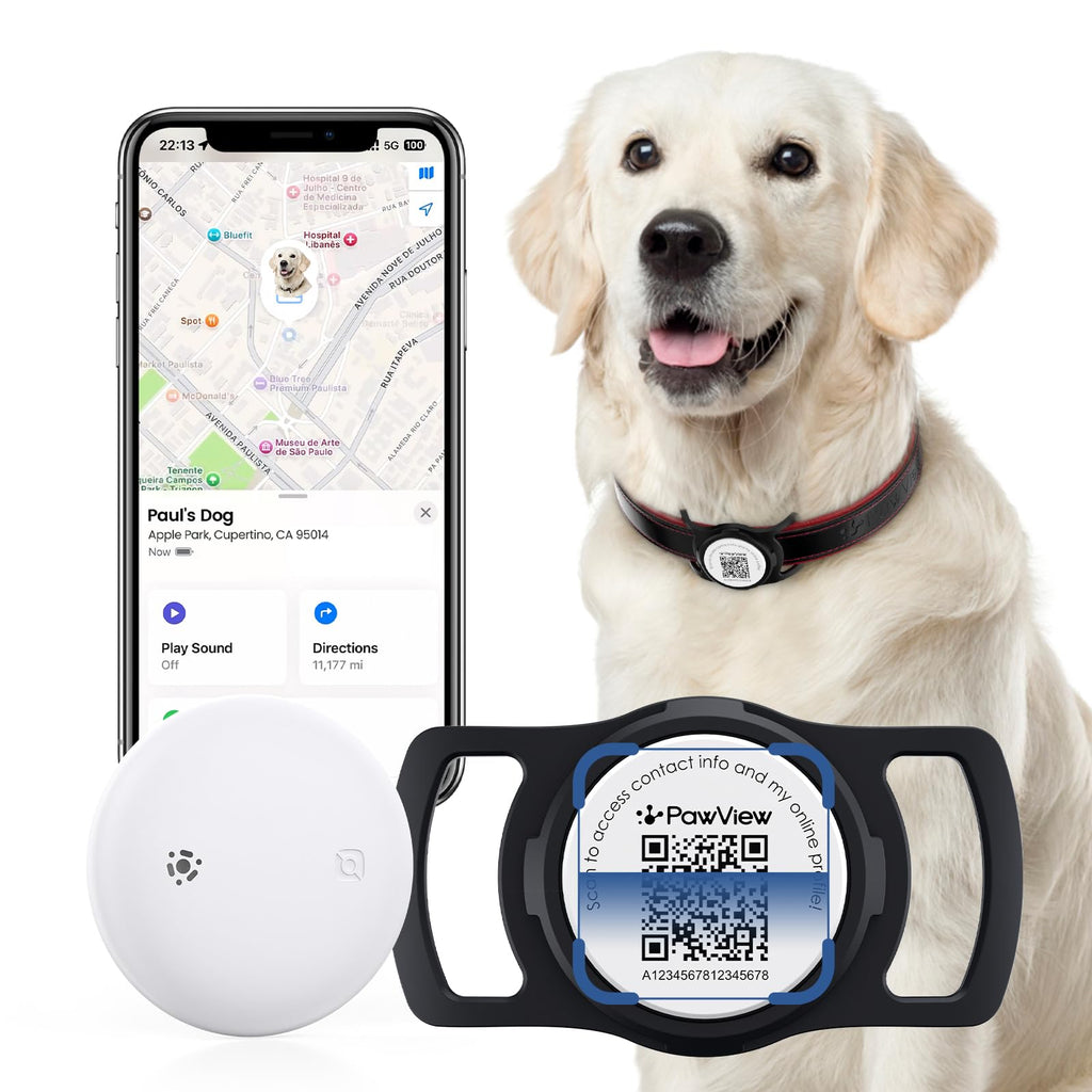 Smart Pet Tracker for Collar - Dog Trackers Location for Pet with Holder, No Monthly Fee, Real-Time Tracking, iOS Only, Long-Lasting, IPX6 Waterproof, Anti-Lost Tracker for Cats, Bag Straps, Black