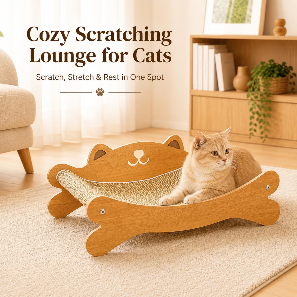 RizzQi Cat Scratcher Bed for Indoor Cats - Summer Cool Hammock, 23.2″ Large Scratching Lounge with 40 lbs Weight Capacity, Wooden Modern Cat Scratching Post & Pad Furniture