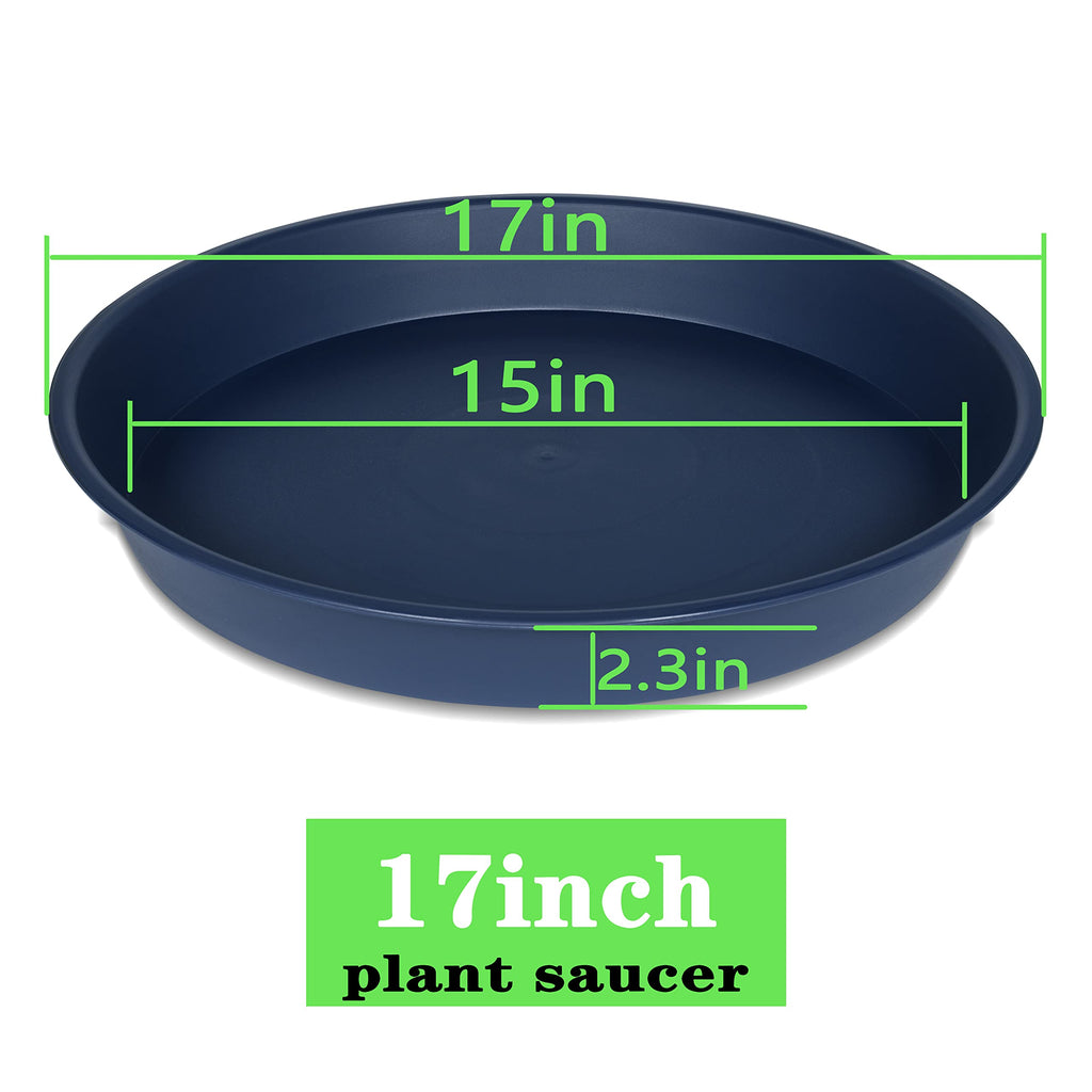 Bleuhome 4 Pack of 16 17 inch Plant Saucer (15 inch Base), 2.3" Depth, Heavy Duty Deep Plant Trays for Planter Pots, Bird Bath Bowls, Plastic Plant Saucers for Indoors (17", Blue)