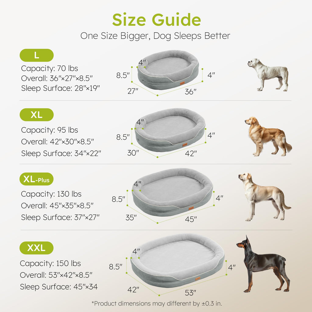 CWAWZ Large Orthopedic Dog Bed, 36 in. Dog Bed for Large Sized Dogs with Full-Surround Bolsters, Dual-Sided Dog Cooling Beds with Memory Foam, Washable Pet Sofa Couch with Nonslip Bottom, Light Grey