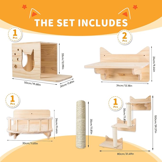 Cat Wall Shelves for Large Cats – 9-Piece Wooden Wall-Mounted Cat Shelves Set, Kitty Climbing System with Perches, Scratching Post & Condo House